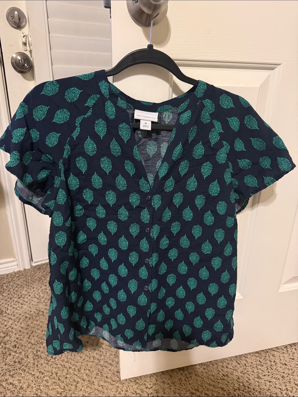 Liz Claiborne Navy Blouse with Teal Leaf Print